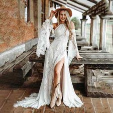Boho White Wedding Dresses O-Neck Detachable Sleeves Lace Appliques Bridal Gowns