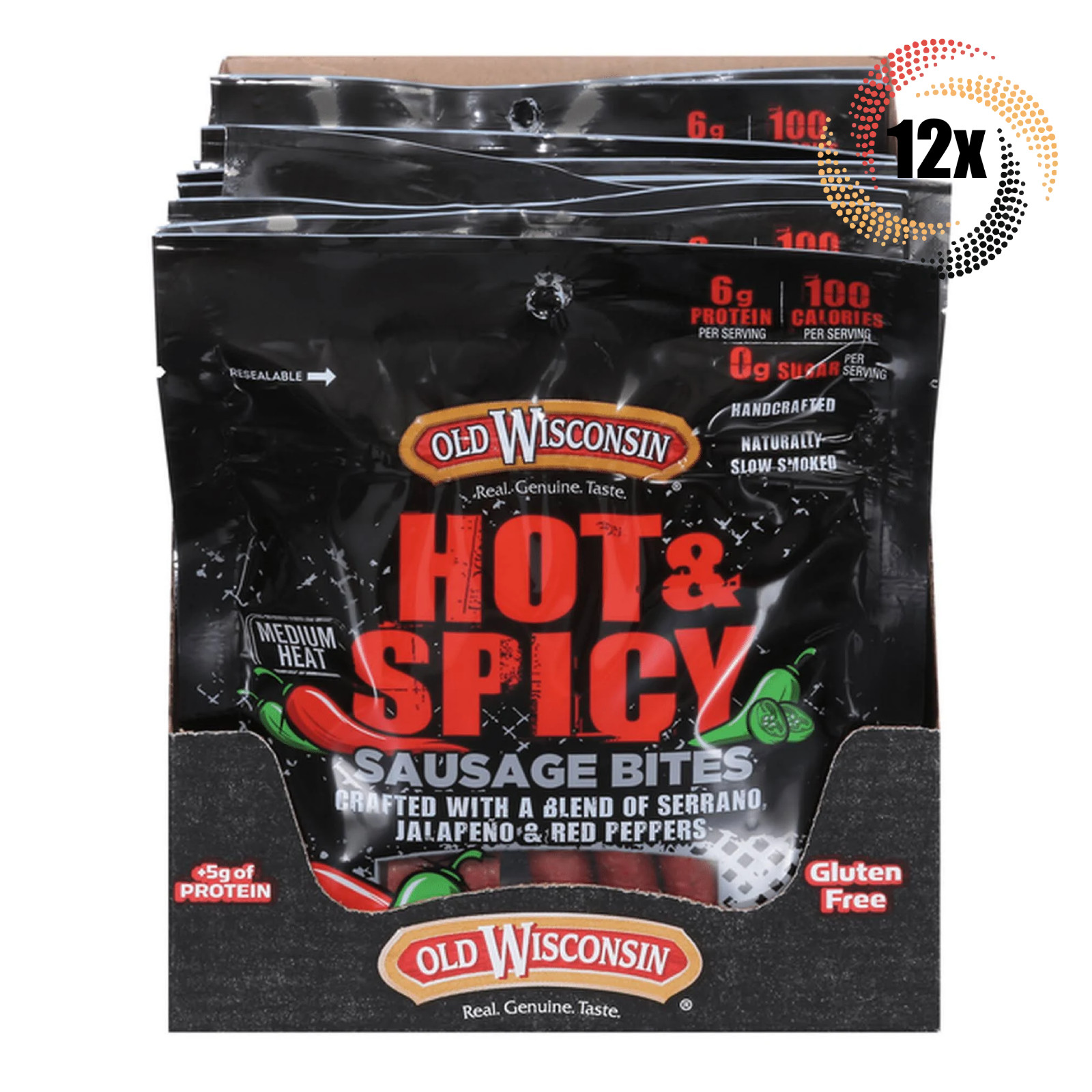 Полная коробка из 12 пакетиков Old Wisconsin Hot - Spicy с сосисками на среднем огне | 4 унции