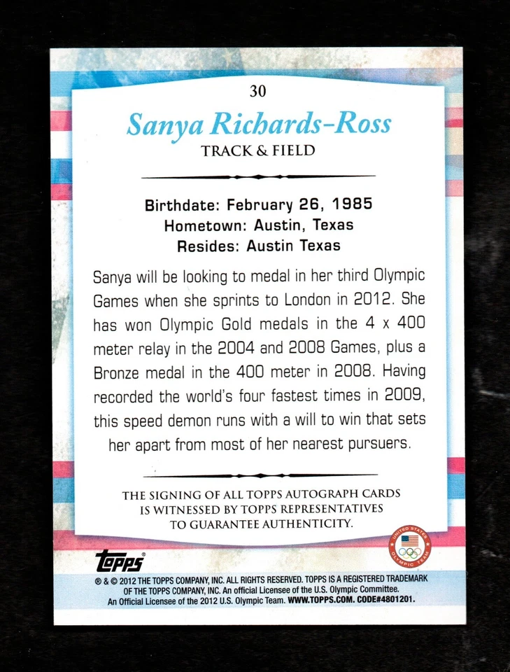 2012 Topps USA Olympic Team #30 SANYA RICHARDS ROSS Track an Field Autograph HOF - Image 2 of 2