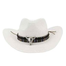White Straw Cowboy, Cowgirl Hat, Western Longhorn Bull Strap Men Women, w/ Strap