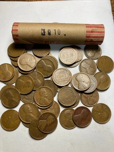 1910-P LINCOLN WHEAT CENT PENNY ROLL, "ALL COINS IN "G-VG" CONDITION" 50 coins
