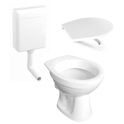 Stand-WC -- bestehend aus Tiefspül-WC mit Spülkasten und WC-Sitz in weiß