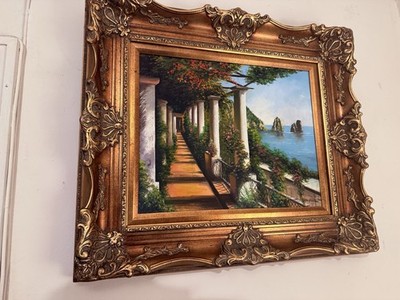 Vintage Mediterranean Coastal Oil Painting Ornate Rococo Frame Signed Collazzi