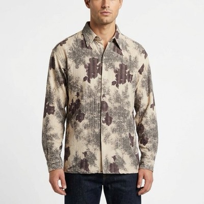 Vintage Creme De Silk Men s Medium Floral Textured Button Up Shirt Silk Blend