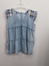 POL Denim Mini Dress Women Large Blue Tiered Ruffle Sleeve Plaid Shoulder V Neck