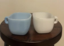 2 Vtg Glasbake Square Stackable Coffee Cups Blue, White