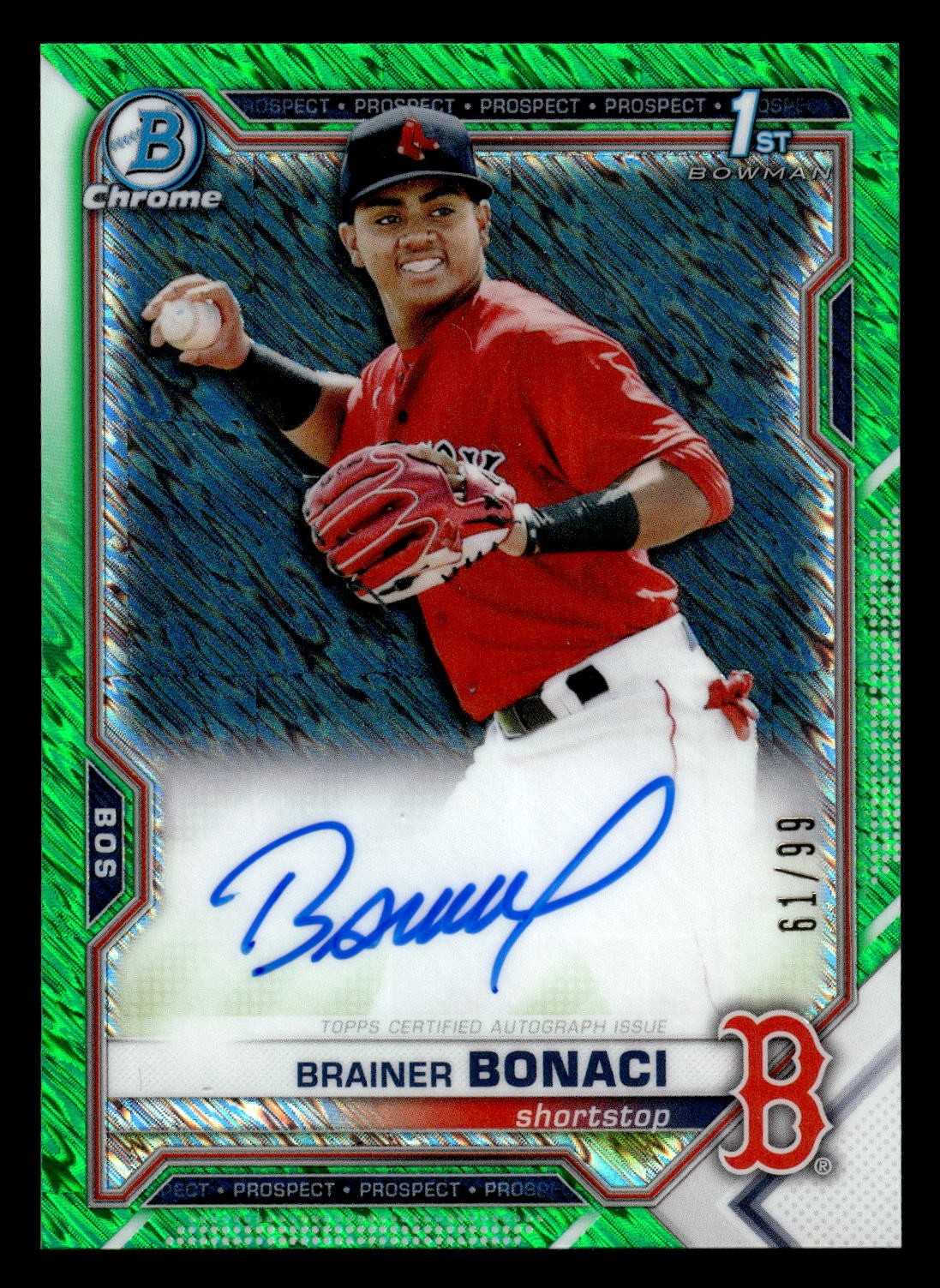 2021 Bowman Brainer Bonaci Chrome Prospect Autograph GREEN SHIMMER Refractor /99