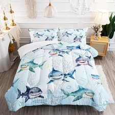 Boys Blue Ocean Shark Comforter Set Twin Size Shark Starfish Bedding Sets Sea...