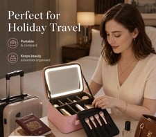 Pink Travel Make-Up Case with Mirror, LED lights Pockets and Zipper