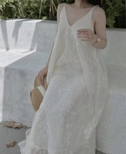 White Lace Sheer Floral Maxi Slip Dress Sleeveless V-Neck Strappy Ruffle