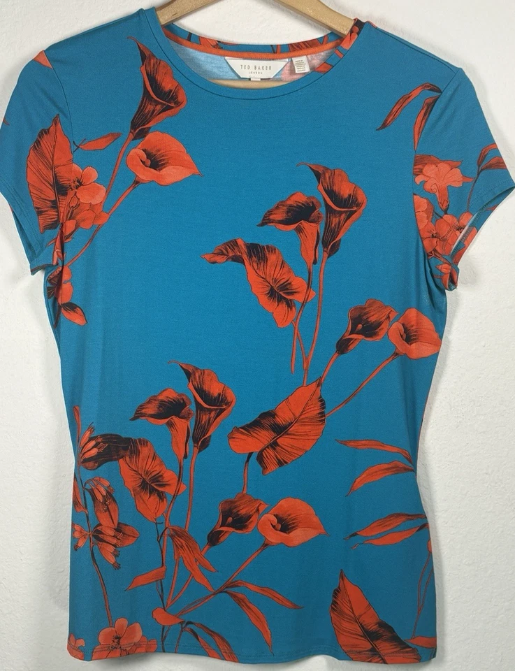 Camiseta Top Ted Baker Dillia Fantasia Floral Tropical Turquesa Talla 3 EE. UU. 8 UK 14 Foto 2 de 4