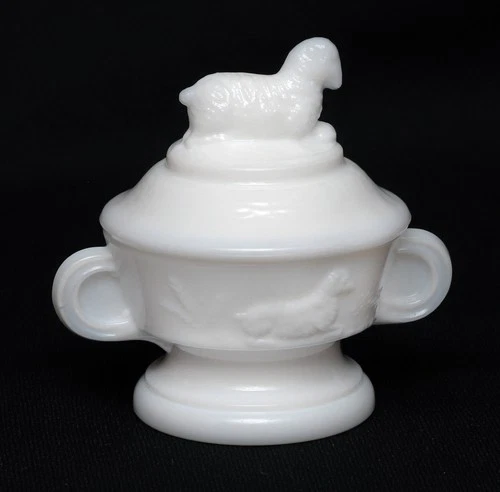 Antique Milk Glass Miniature LAMB Covered Butter Dish-Very RARE-3 inches