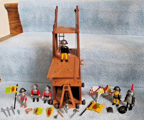 1996 Vintage Playmobil 3887 Knights Siege Tower Horse Men Weapons Helmets