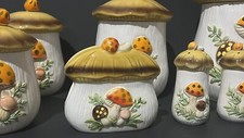 Merry Mushroom Kitchen Set; 4 Canisters, Napkin Holder, Ingredient Card Holder