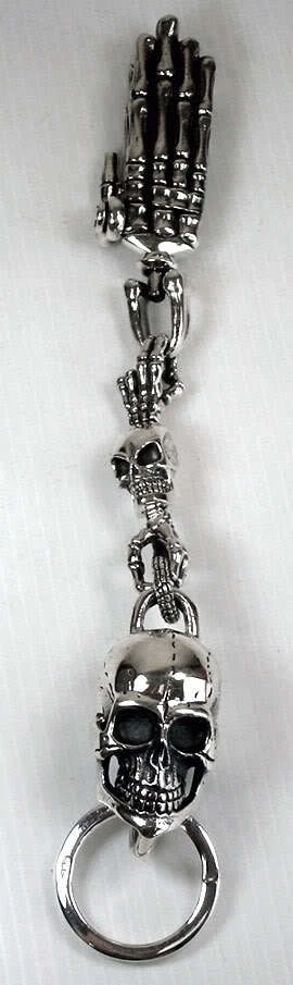 BIG SKULL 925 STERLING SILVER KEYCHAIN WALLET BELT HOLDER MENS BIKER NEW HEAVY - Image 2 of 4