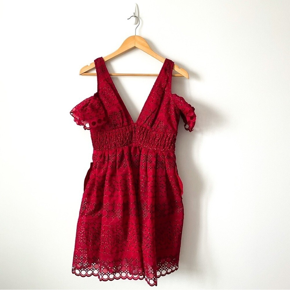 Self Portrait Openwork Lace Eyelet V Neck Sheared Dress Raspberry Red Size 6 image 4