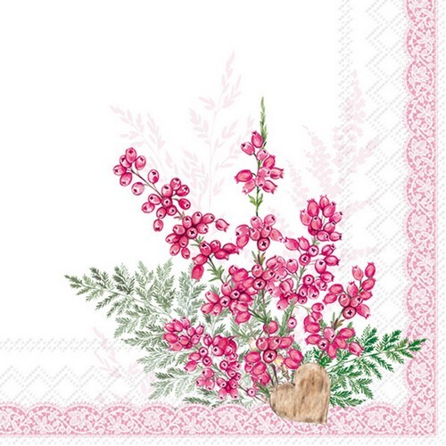 20 Servietten Eriken rose Erika Blüten Blumen Farn Garten Bordüre rosa 33x33cm