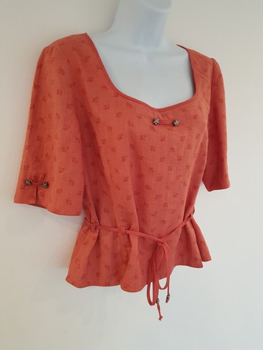 Vintage Shirt Blouse Floral Linen Cotton Blend Coral Size 14 Bavarian Oktoberfes - Picture 7 of 17