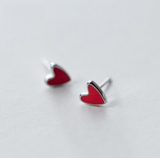 925 Solid Sterling Silver Ear Studs Earrings Red Heart Enamel 7mm Gift Box A16