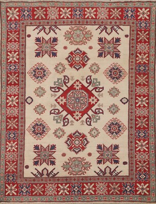 Geometric Ivory Traditional Super Kazak Oriental Handmade Rug Area Carpet 5'x6'