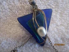Sea Glass Necklace with Pearl Blue Green Handmade