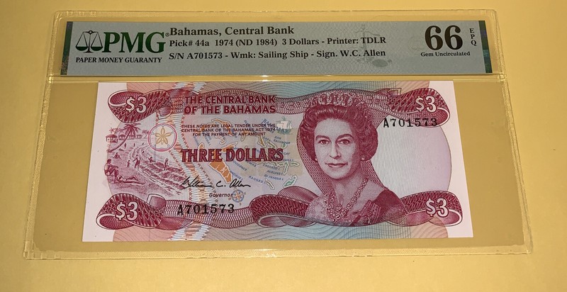 PMG Bahamas, Central Bank$3 1974(ND 1984) p44a Gem UNC 66 EPQ