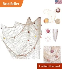 Handmade Nautical Cotton Fish Net Wall Decor with Shells - 59 x 79 Inches