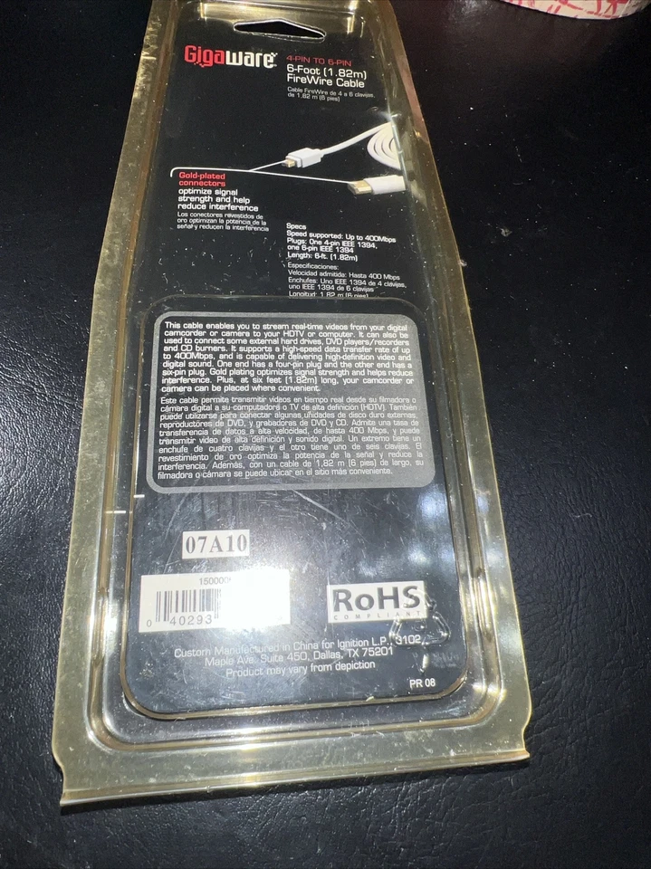 New Gigaware Gold Plated 6 ft 4 Pin to 4 Pin Firewire Cable P/N 1500006 - Image 4 of 4