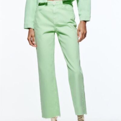 NWT Zara High Rise Straight Jeans In Mint Green Raw Hem Size