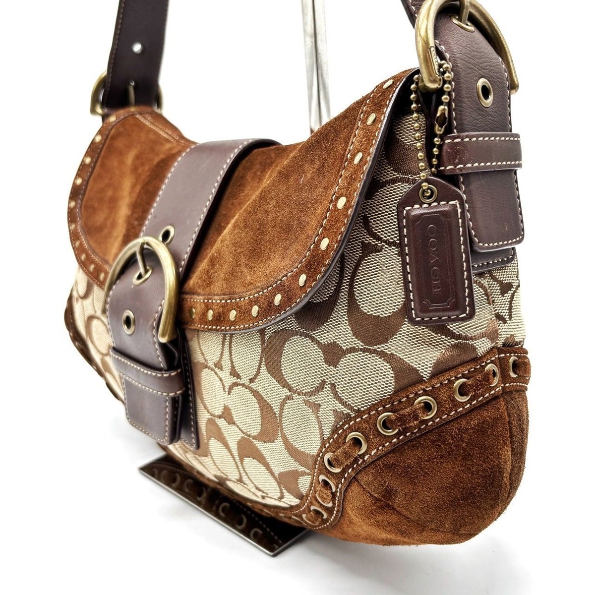 バッグ COACH SOHO Handbag shoulderbag suede Y2K Coach Y2K Soho Signature Canvas Suede Handbag Shoulder Strap Beige