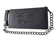 Long Horn Genuine Leather Biker Wallet With Chain Black BiFold 7" Wallet