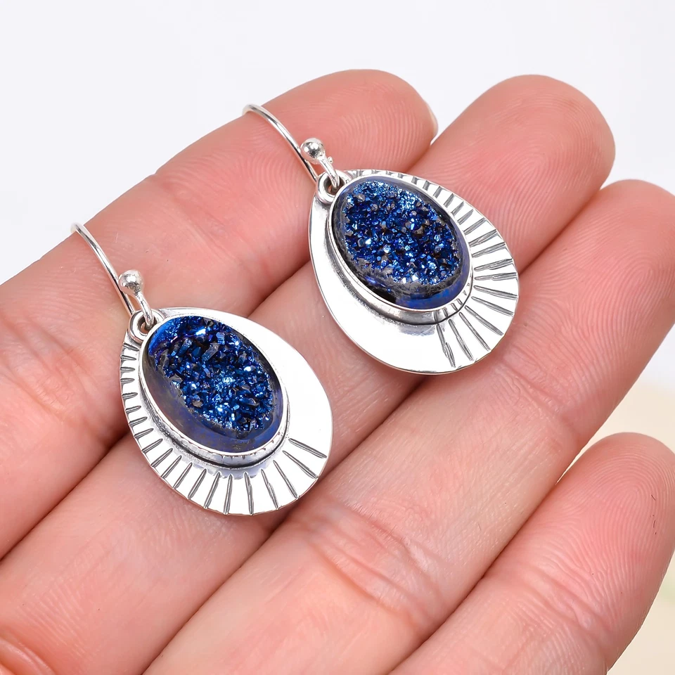Blue Titanium Agate Drusy 925 Sterling Silver Earring, Christmas Gift E155163 - Image 2 of 4