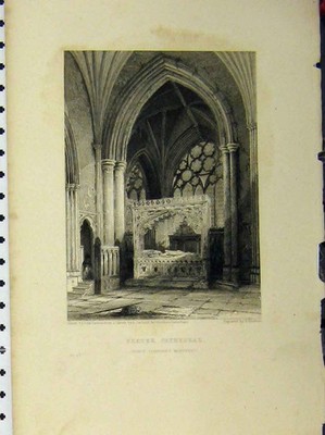 Original alter antiker Druck Exeter Kathedrale um 1850 Bischof Staffords Denkmal