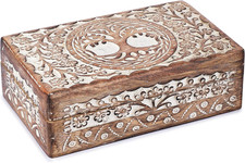 Wooden Hand Carved Decorative Box with Tree of Life Carvings White - Multipurpos