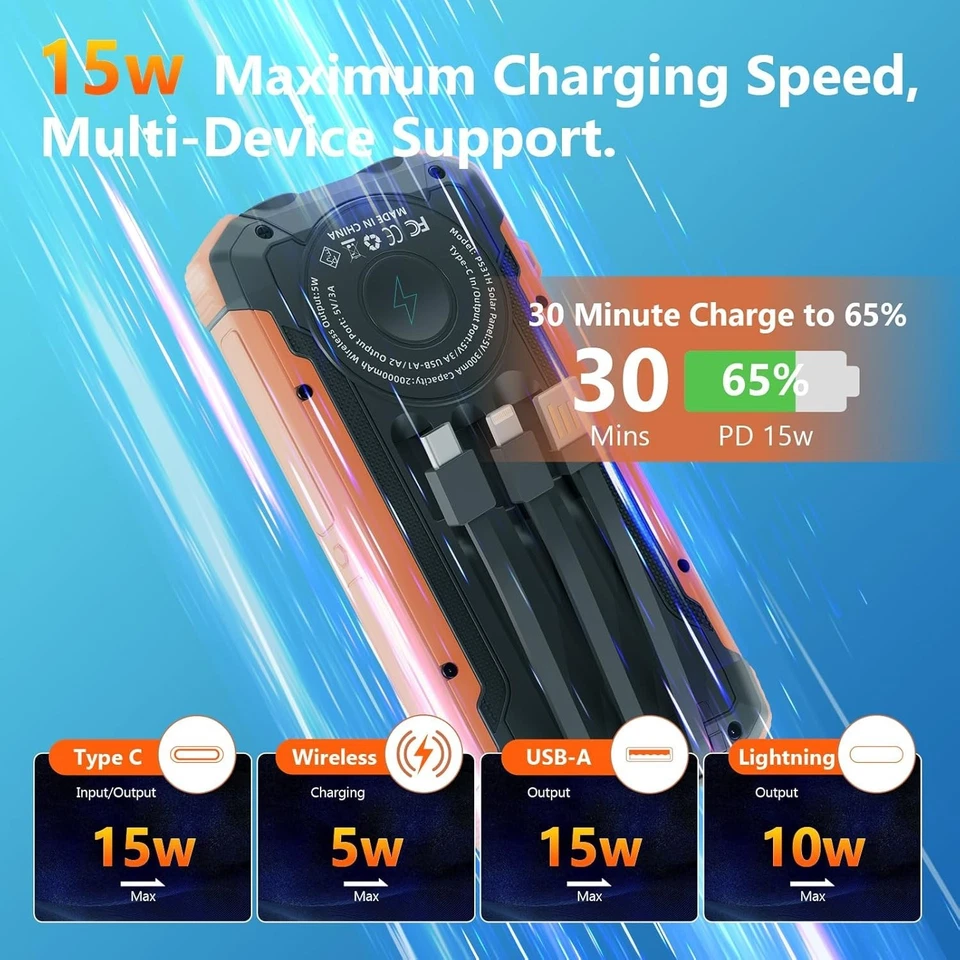 Banco de energía cargador solar 2025 inalámbrico 4 cables USB tipo C iOS Android EE. UU. NUEVO Foto 4 de 4