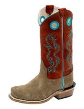 Old West Western Boots Boys Fancy Leather Square Suede Camel Red 8206Y