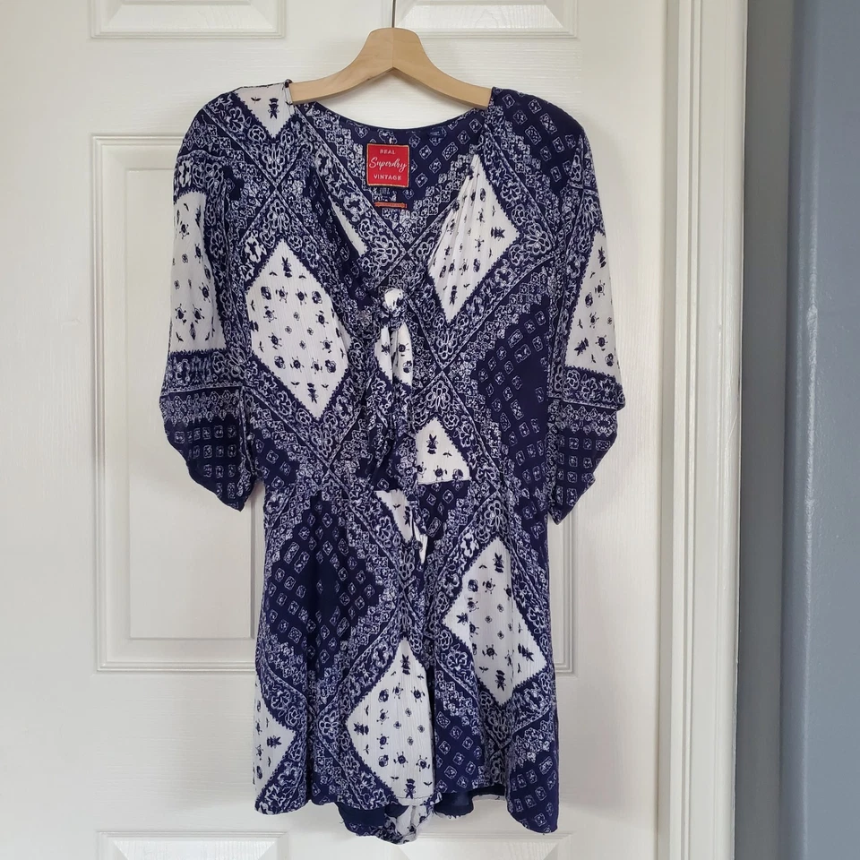 Superdry 海军蓝和白色头巾印花 1/2 袖 Allegra连身裤 4 码 — 第 2/4 张图片