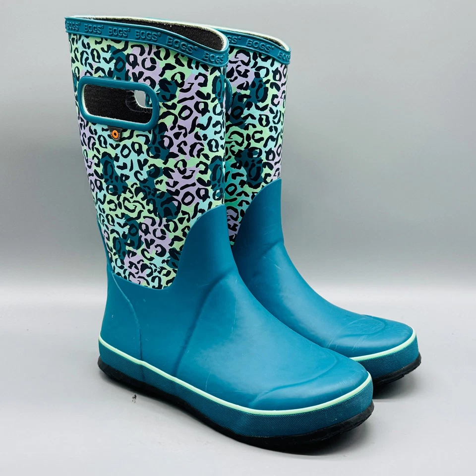 Bogs Boots Youth Girls 3 Blue Leopard Print Waterproof Rain Mid Calf Handles - Image 2 of 4