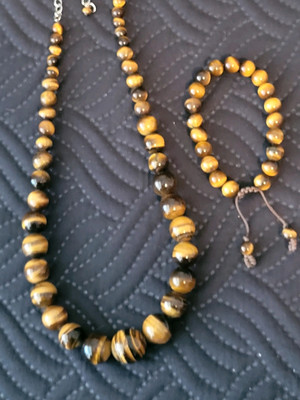 Graduated Brown Tigers Eye Beaded Necklace w Tiger Eye Stretch