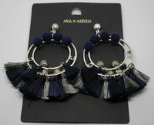 Ava & Aiden Blue Silvertone Oversized Layered Tassels Ball Hoop Drop Earring NWT