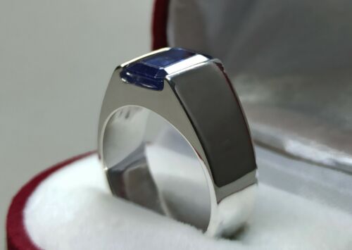 Emerald Cut Natural Blue Sapphire Sterling Silver 925 Handmade Neelam Mens Ring - Picture 2 of 12