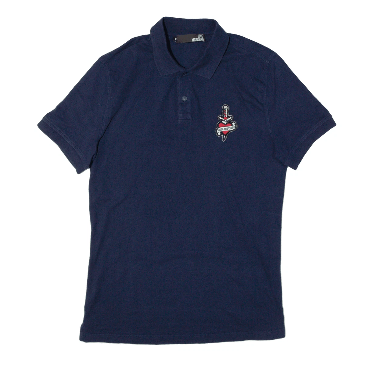 MOSCHINO LOVE Heart Dagger Patch Polo Shirt Blue Short Sleeve 