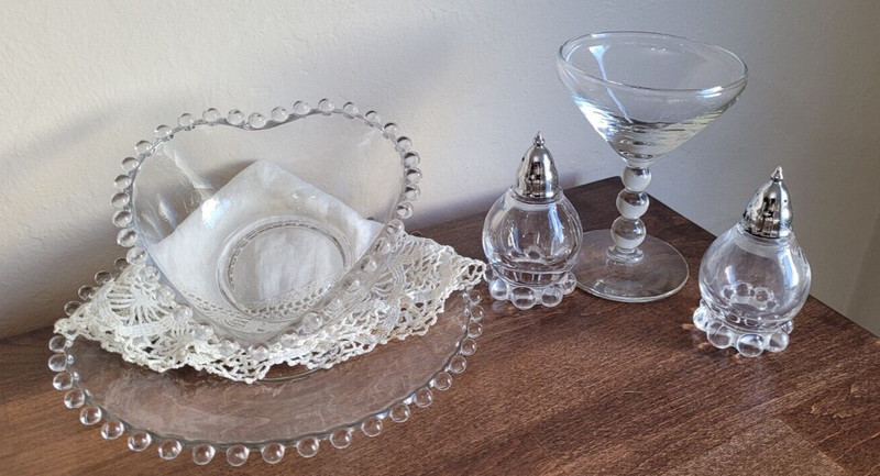 Vtg Imperial Candlewick Heart Shape Bowl Plate S&P Shakers Champagne Glass