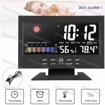 Digital Alarm Clock Snooze Humidity Temperature Weather Week Display USB Battery