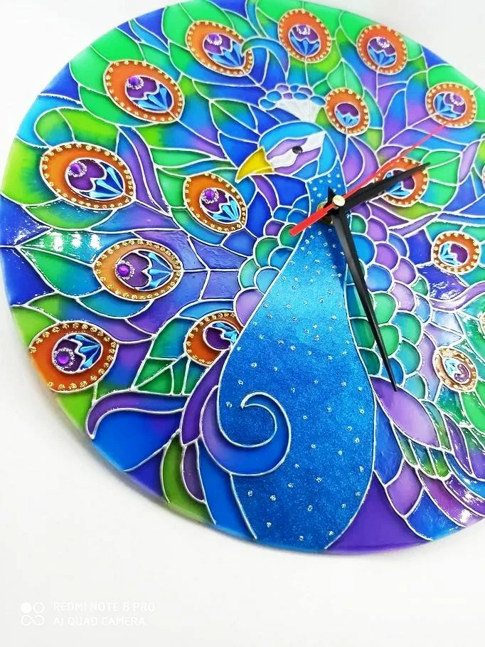 Handpainted stained glass wall clock peacock /Blue Bird Home Decoration - Image 4 of 4