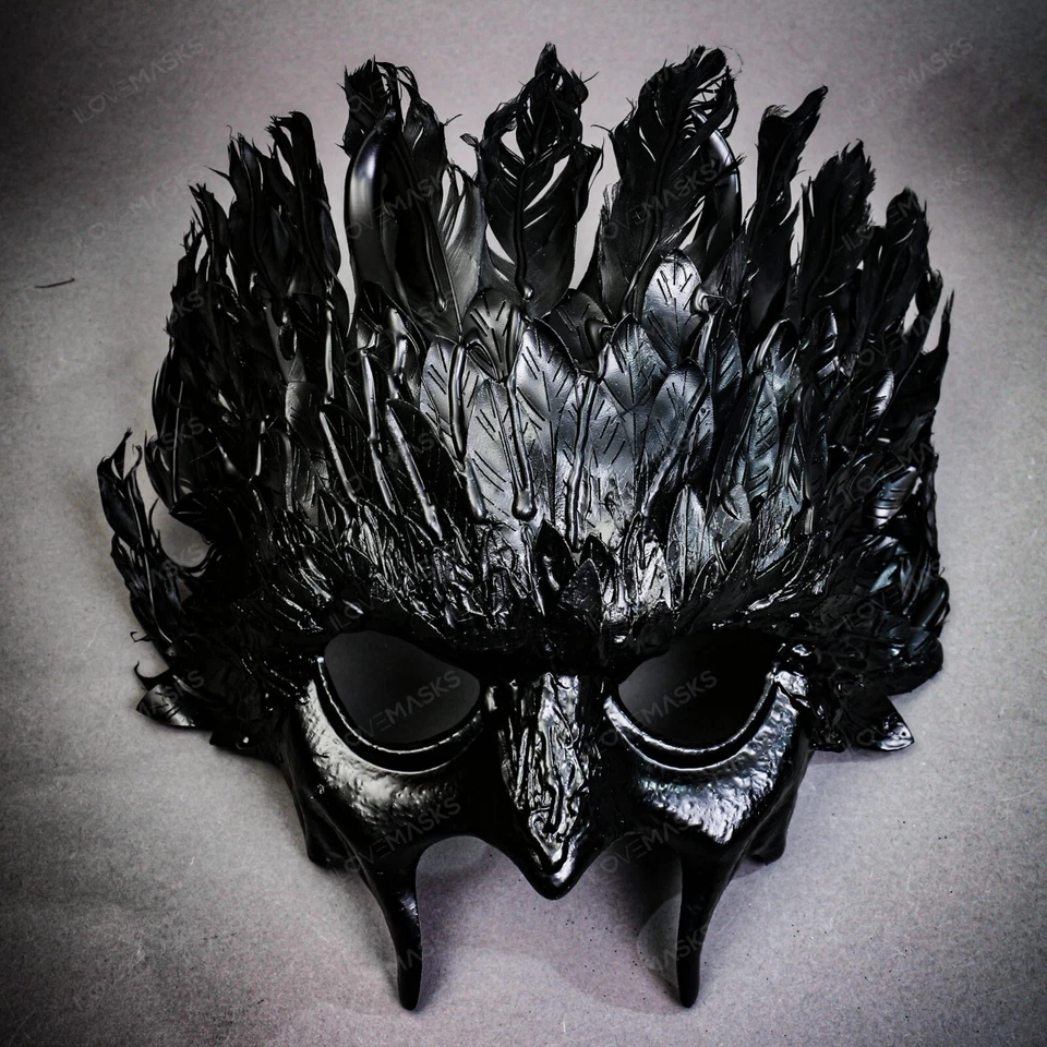 Dark Raven Demon Masquerade Mask with Black Feather Crown and Gothic Beak - Image 2 of 4