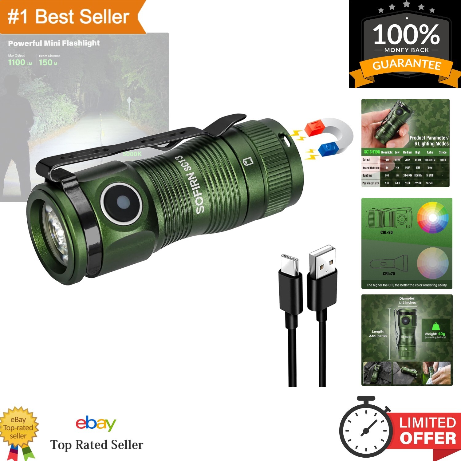 Ultra-Bright 1100 Lumens Mini Flashlight - Rechargeable, Waterproof, Portable