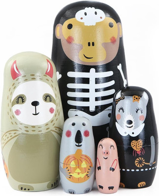Set of 5 Halloween Animal Nesting Dolls Monkey Raccoon Wolf Otter Pig with Skull