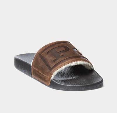 Polo Ralph Lauren Suede Leather Shearling Lined Logo Slides 