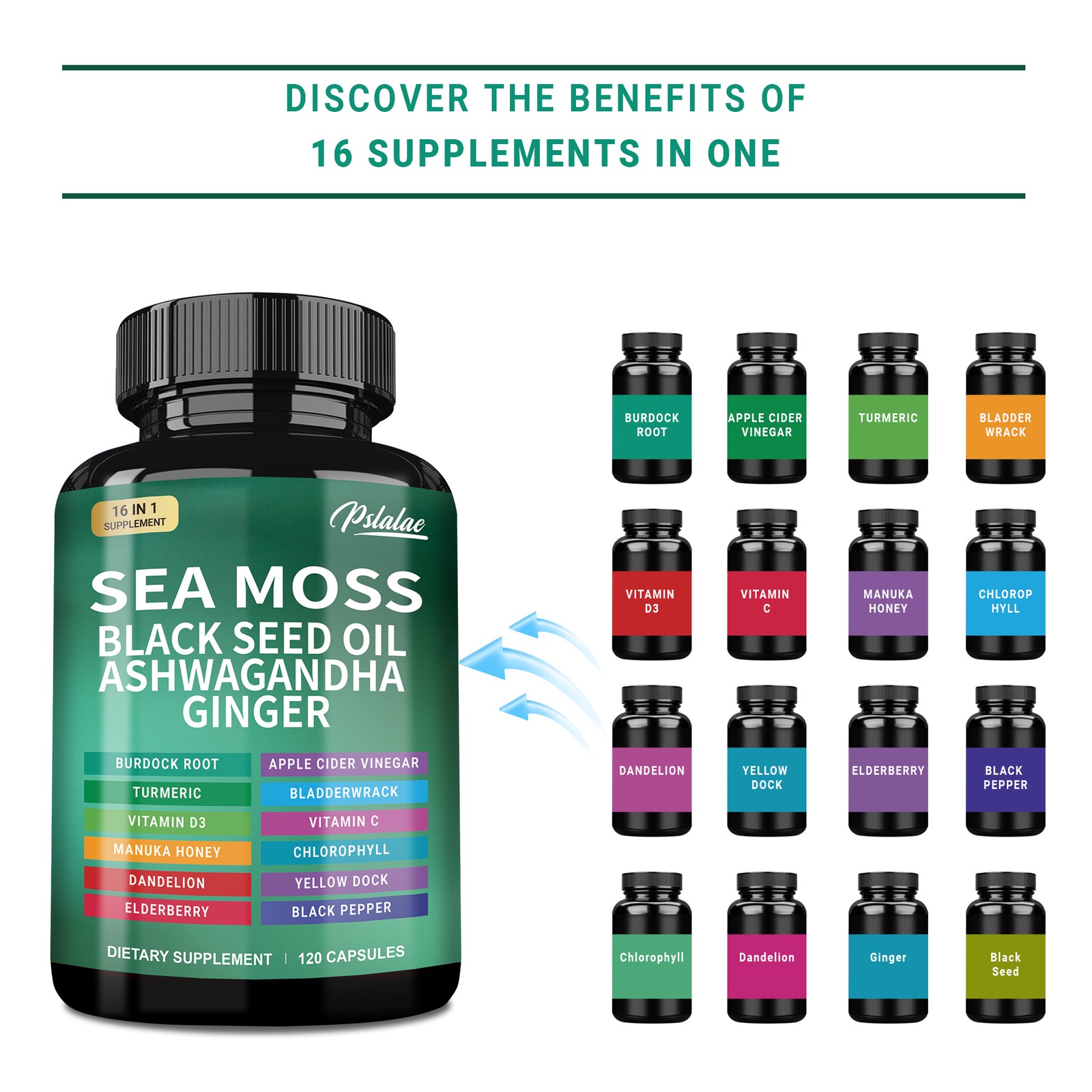 Sea Moss - Black Seed Oil, Ashwagandha,Turmeric, Bladderwrack,Burdock,Dandelion 